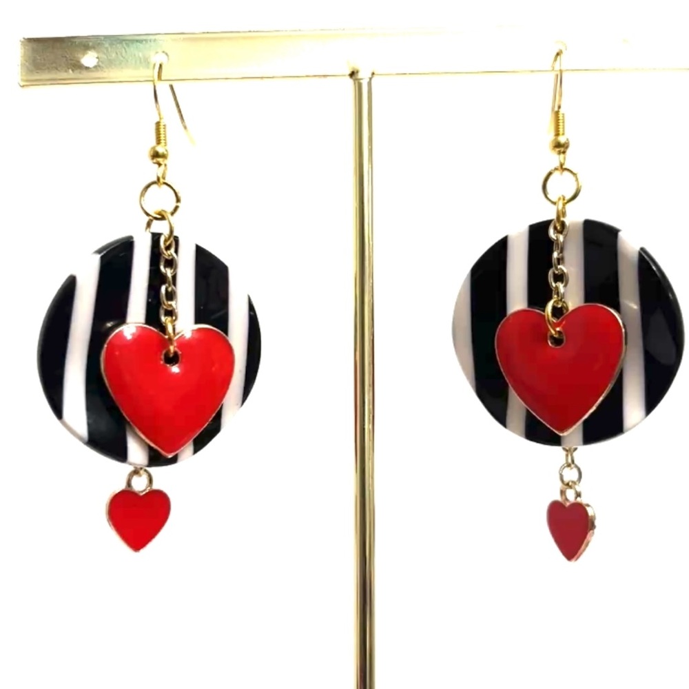 Modern, Red, Black, and White Double Heart Dangle Earrings